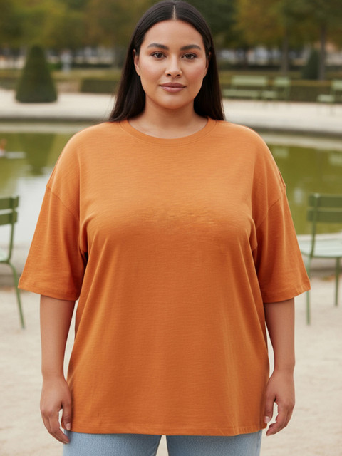 Bewakoof AIR Women Plus Size Solid Round Neck Cotton Oversized T-shirt