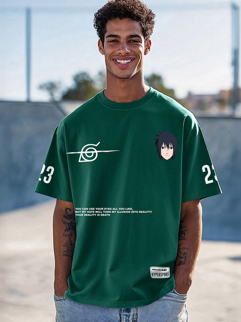 Bewakoof Heavy Duty Official Naruto Merchandise Green Sasuke Printed Oversized T-Shirt