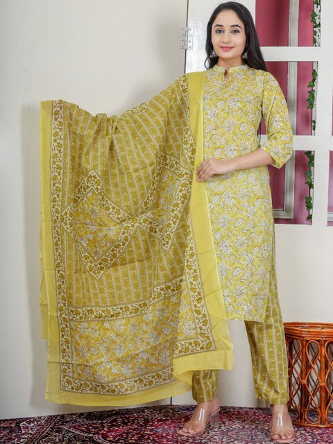 The Tinge Floral Printed Regular Pure Cotton Kurta with Trousers & With Dupatta