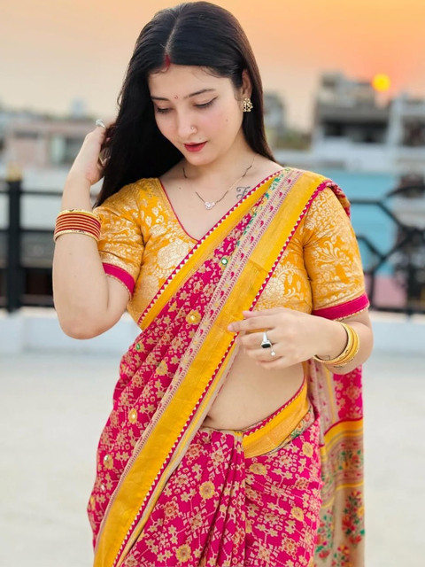 ROFOLO Ethnic Motifs Mirror Work Pashmina Designer Patola Saree