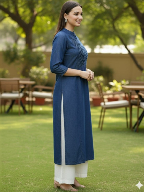 SK Creation Women Mandarin Collar Denim Straight Kurta