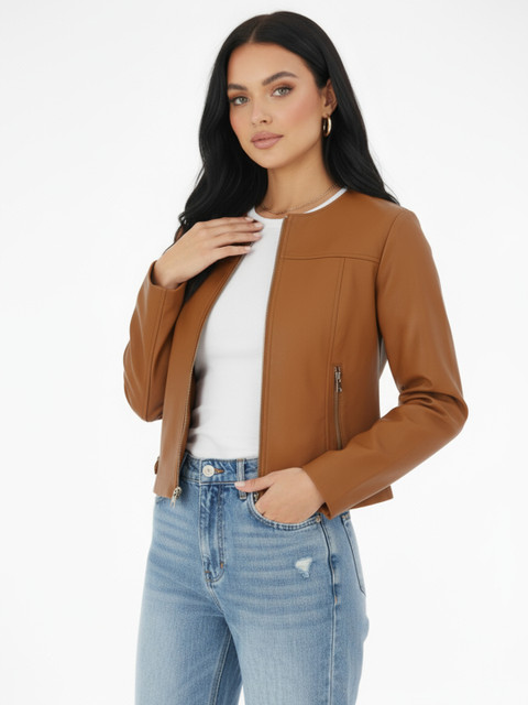 glitchez Collarless PU Coated Relaxed Fit Tailored Jacket