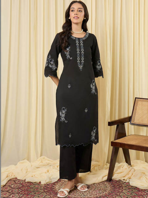 Indo Era Embroidered Pure Cotton Round Neck Tunic & Trousers Co-Ords