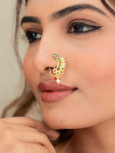 Zeraki Jewels Women Gold-Plated Artificial Stones and Beads Ring Nosepin - Image 3