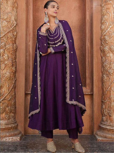 CaniBani Women Ethnic Motifs Embroidered Panelled Thread Work Kurta with Trousers & With Dupatta