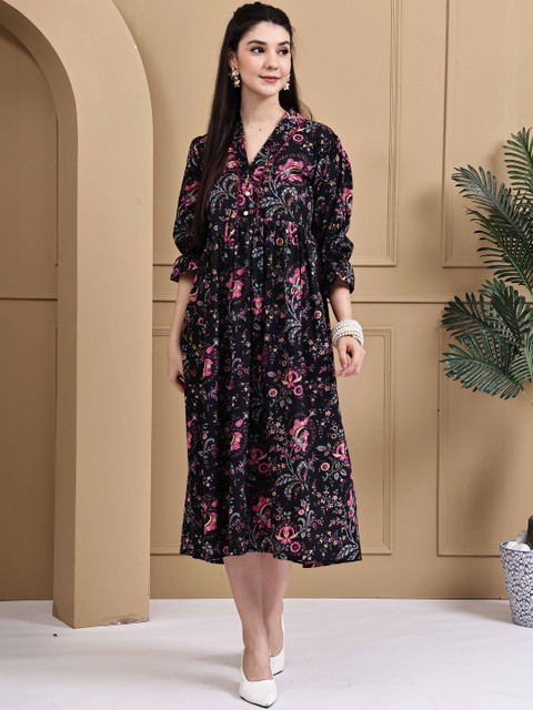 Rajnandini Floral Print Puff Sleeve A-Line Midi Dress