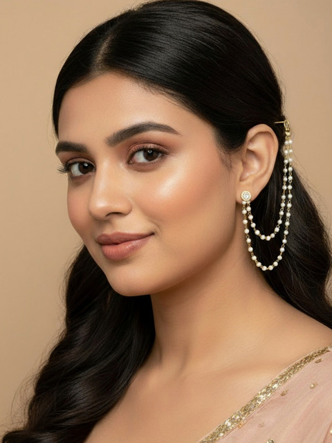 NVR Pearl Studded Classic Gold-Plated 2 Line Ear Chain Ear Chain