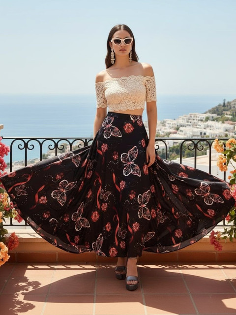 Vagisha Women Graphic Printed Flared Maxi Skirt with Elastic Waist