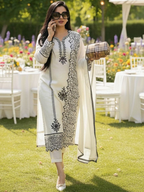 SZN Women Embroidered Regular Kurta with Trousers & With Dupatta