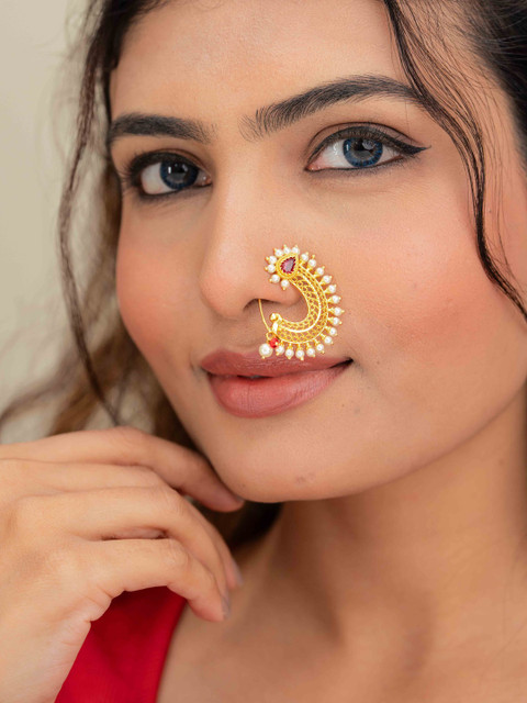 Zeraki Jewels Women Gold-Plated Artificial Stones and Beads Stud Nosepin - Image 2