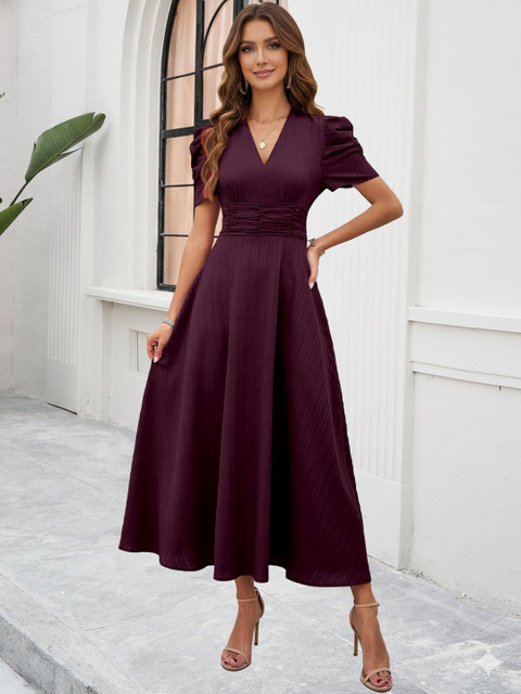 Sugathari Puff Sleeve Fit & Flare Midi Dress