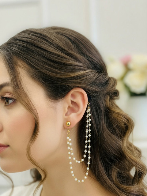 NVR Pearl Studded Classic Gold-Plated 2 Line Ear Chain Ear Chain - Image 7