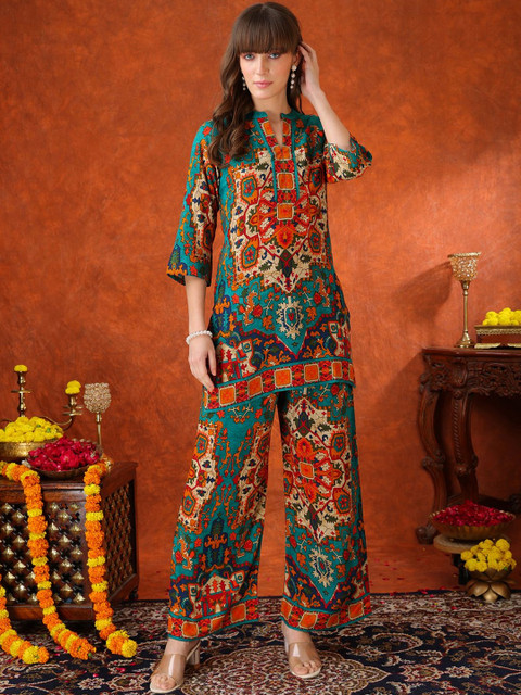KALINI Printed Mandarin Collar Tunic & Palazzos Co-Ords