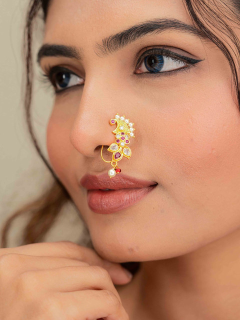 Zeraki Jewels Women Gold-Plated Artificial Stones and Beads Ring Nosepin - Image 3