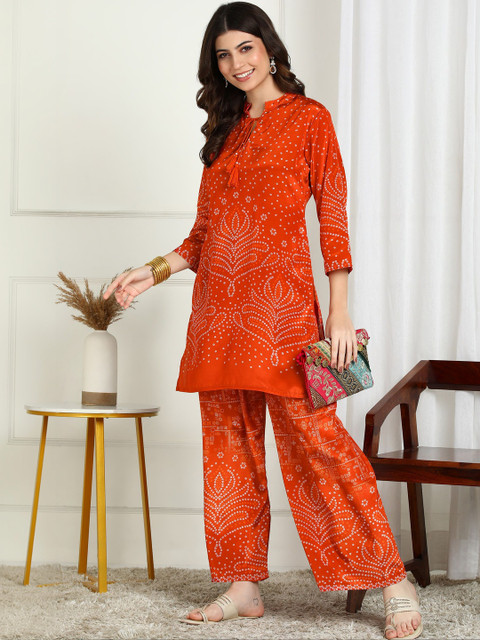 Sangria Bandhani Printed Tunic With Palazzos Co-Ords - Image 3