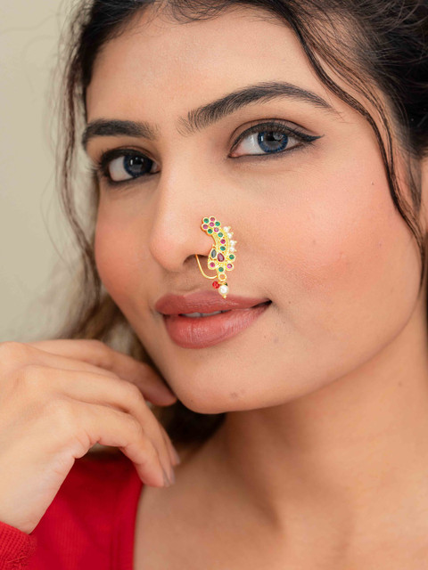 Zeraki Jewels Women Gold-Plated Artificial Stones and Beads Ring Nosepin - Image 2