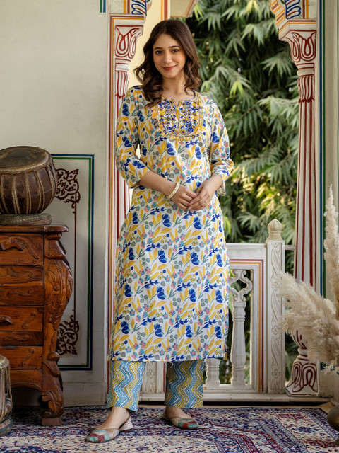 Pjyot by surhi Floral Embroidered Notch Neck Thread Work Pure Cotton Straight Kurta - Image 2
