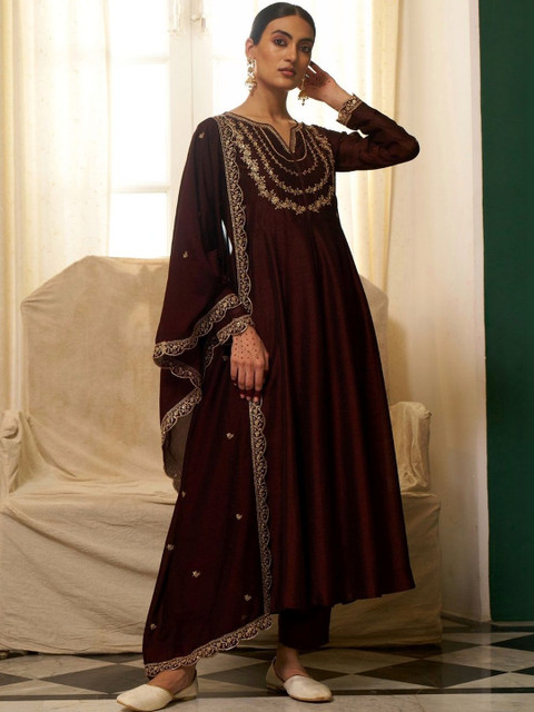 CaniBani Women Ethnic Motifs Embroidered Empire Thread Work Kurta with Trousers & With Dupatta