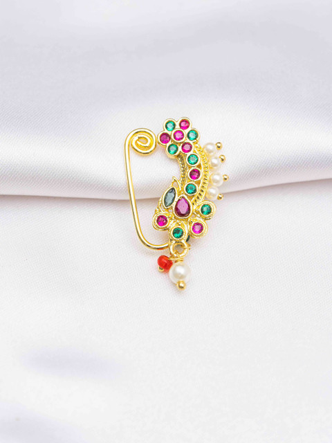 Zeraki Jewels Women Gold-Plated Artificial Stones and Beads Ring Nosepin