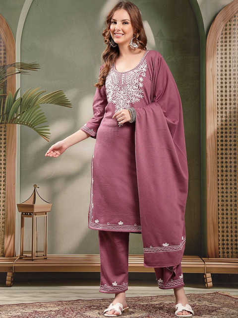 Clora Creation Women Ethnic Motifs Embroidered Regular Thread Work Kurta with Trousers & With Dupatta