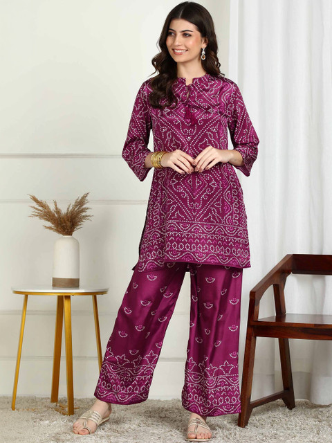 Sangria Bandhani Printed Tunic With Palazzos Co-Ords - Image 2