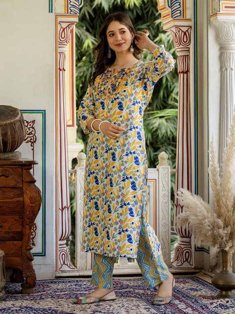 Pjyot by surhi Floral Embroidered Notch Neck Thread Work Pure Cotton Straight Kurta - Image 4