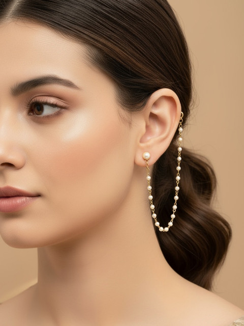 NVR Pearl Studded Classic Gold-Plated 1 Line Ear Chain Ear Chain