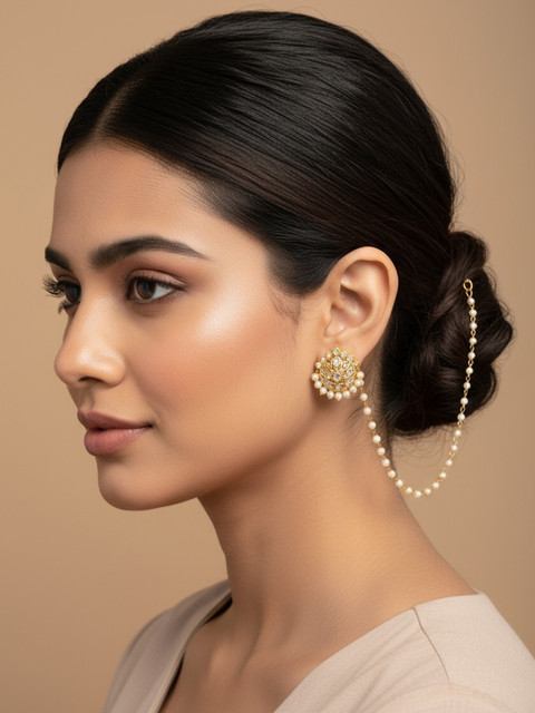 NVR Pearl Studded Classic Gold-Plated 1 Line Ear Chain Ear Chain - Image 7