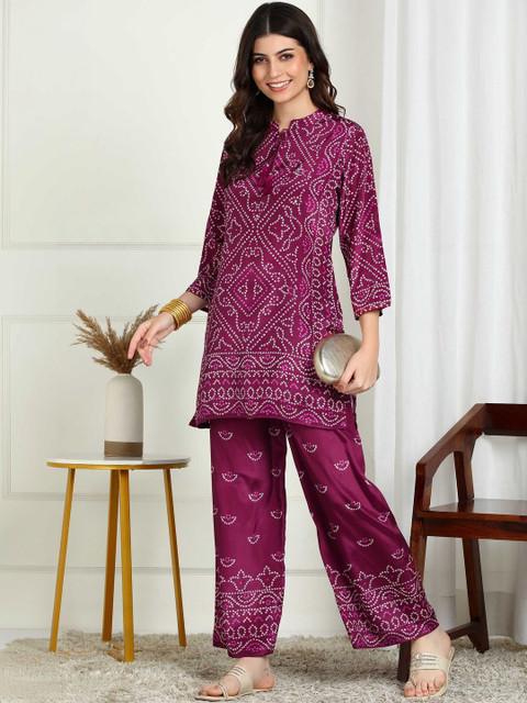 Sangria Bandhani Printed Tunic With Palazzos Co-Ords - Image 7