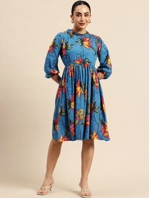 Chandbaali Floral Print Puff Sleeve Fit & Flare Dress