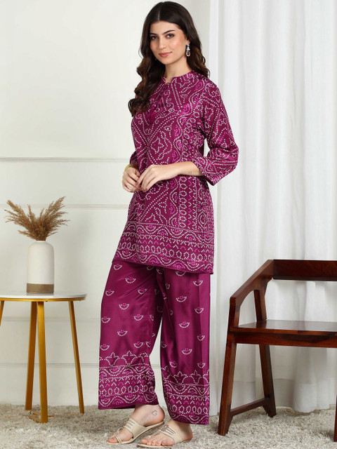 Sangria Bandhani Printed Tunic With Palazzos Co-Ords - Image 3