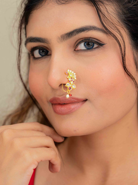 Zeraki Jewels Women Gold-Plated Artificial Stones and Beads Ring Nosepin - Image 2