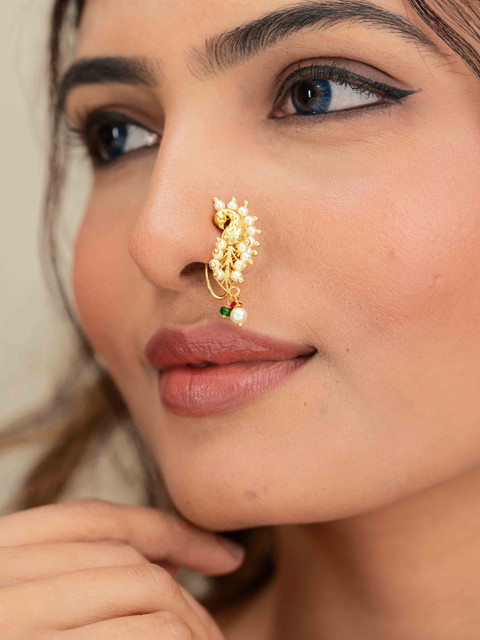 Zeraki Jewels Women Gold-Plated Artificial Stones and Beads Ring Nosepin - Image 2