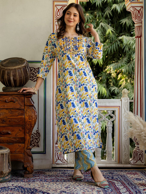 Pjyot by surhi Floral Embroidered Notch Neck Thread Work Pure Cotton Straight Kurta - Image 6