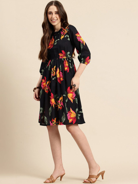 Chandbaali Floral Print Puff Sleeve A-Line Dress