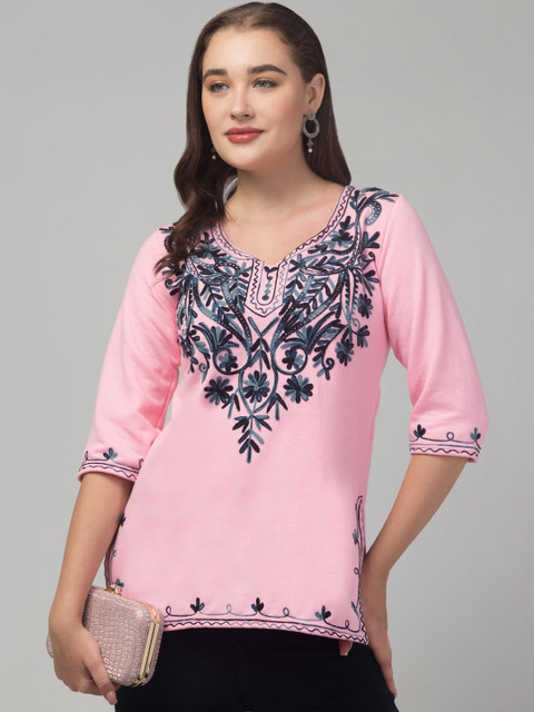 CROWN KING GARMENTS Ethnic Motifs Embroidered V-Neck Thread Work Thread Work Kurti