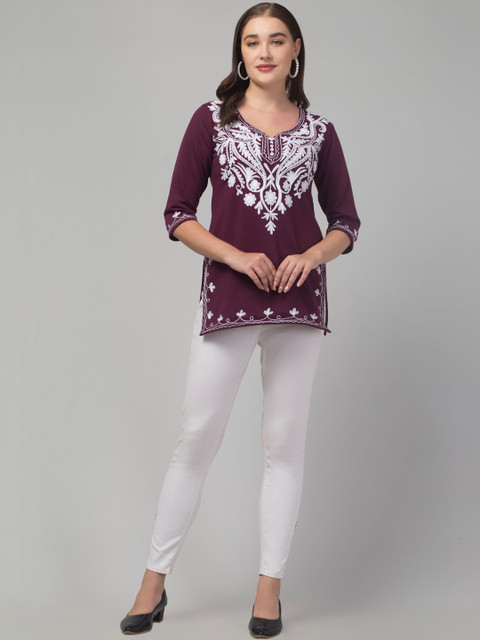 CROWN KING GARMENTS Ethnic Motifs Embroidered V-Neck Chikankari Chikankari Kurti