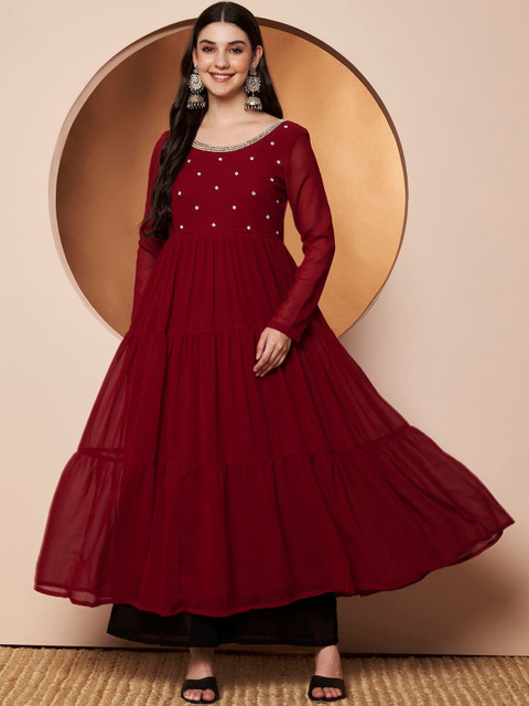 Poshak Hub Women Round Neck Embroidered Pure Georgette Tiered Anarkali Kurti