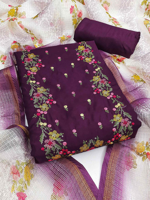 Peachmode Floral Embroidered Thread Work Unstitched Dress Material