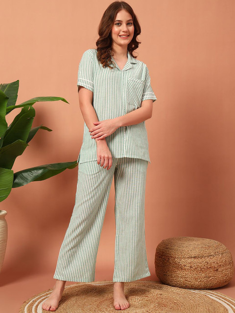 Ameerah Women Striped Lapel Collar Night suit