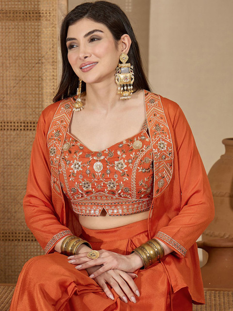 Sangria Zari Sequence Thread Work Crop Top & Pleated Skirt with Shrug Co-Ords - Image 2