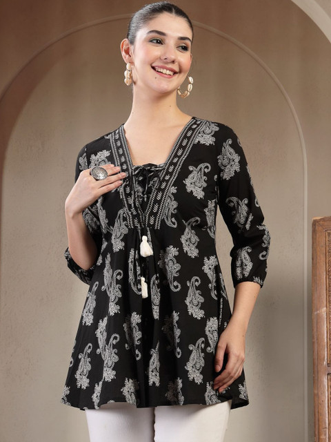 GULMOHAR JAIPUR Women Jaipur Cotton Printed 3/4 Sleeves V-Neck Flared Regular Top