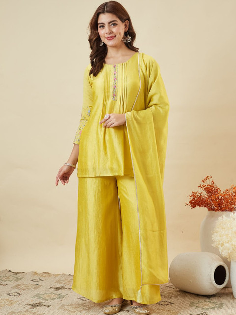 MOKOSH Women Floral Embroidered Silk Kurta with Palazzo & Dupatta