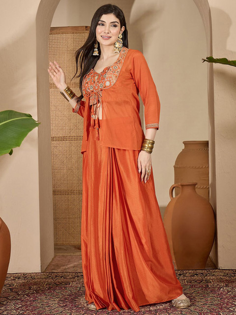 Sangria Zari Sequence Thread Work Crop Top & Pleated Skirt with Shrug Co-Ords - Image 7