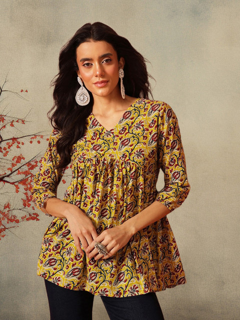 FEMBLISS Floral Printed V-Neck Pure Cotton Empire Tunics