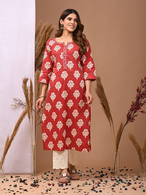 Rimeline Women Ethnic Motifs Printed Daily Pure Cotton Straight Kurta