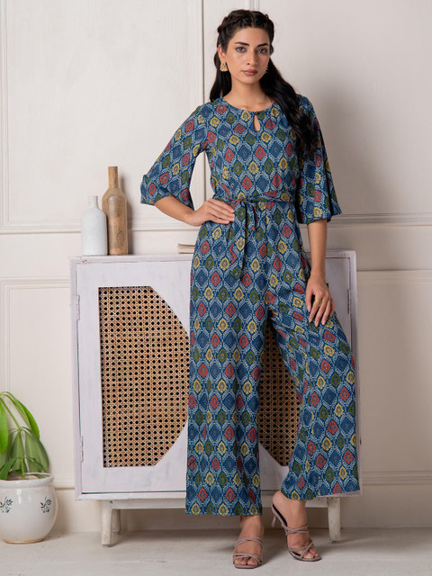 Juniper Floral Printed Round Neck Basic Jumpsuit With Belt
