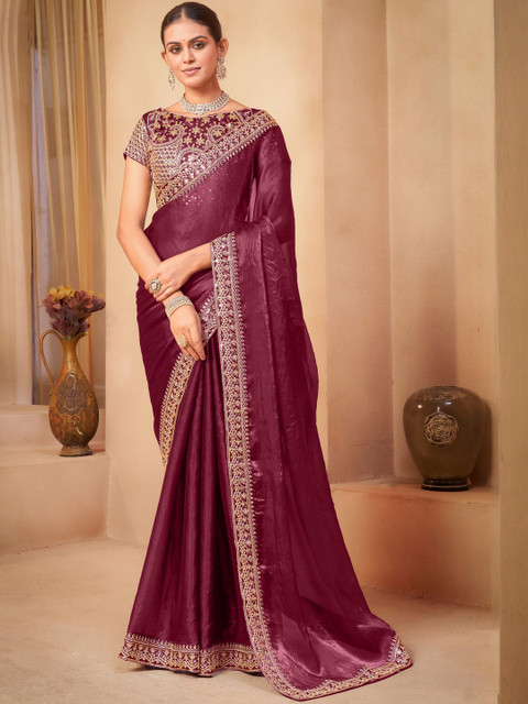 FABLAND Solid Jimmy Choo Embellished Border Satin Saree