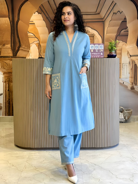 JAIPURI COLLECTION Women Ethnic Motifs Embroidered Cotton Kurta with Trousers