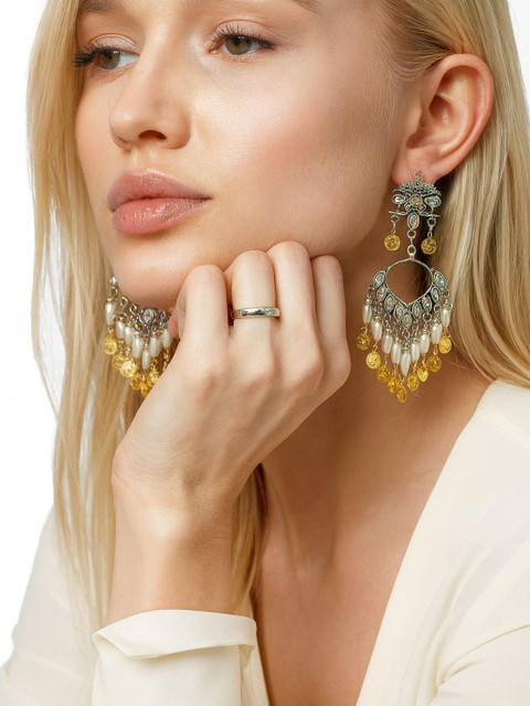 BlingNation Dual Toned Pearl Tassel Kundan Chandbali Earrings - Image 5